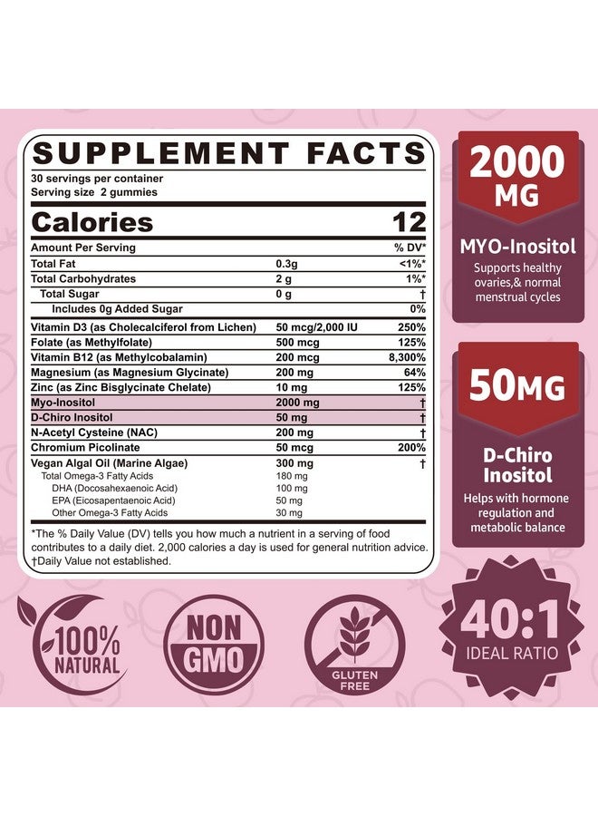 NEVISS Myo-Inositol & D-Chiro Inositol Gummies Sugar Free(Made in USA), Ideal 40:1 Ratio Inositol Supplement for Women with Vegan Omega-3 + D3, Magnesium, Methyl Folate, B12 for Women's Overall Health, 60Cts - Image 2