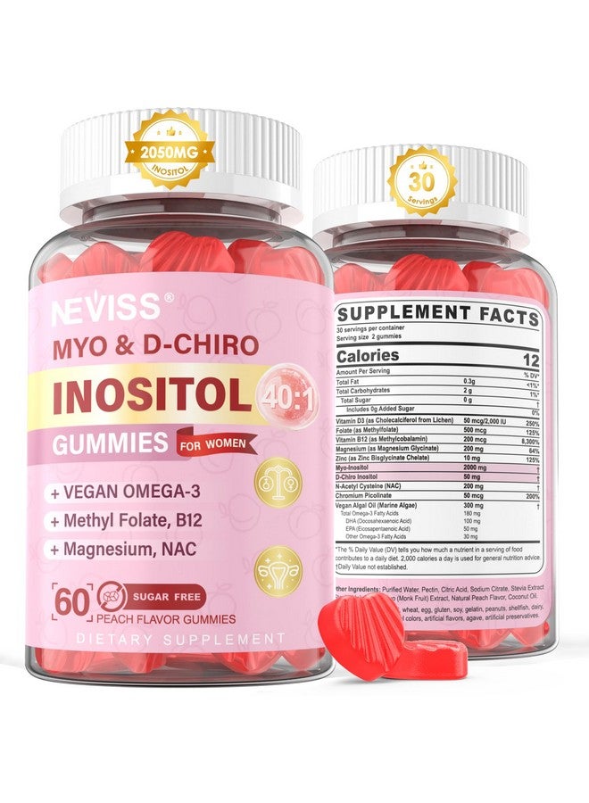 NEVISS Myo-Inositol & D-Chiro Inositol Gummies Sugar Free(Made in USA), Ideal 40:1 Ratio Inositol Supplement for Women with Vegan Omega-3 + D3, Magnesium, Methyl Folate, B12 for Women's Overall Health, 60Cts - Image 1