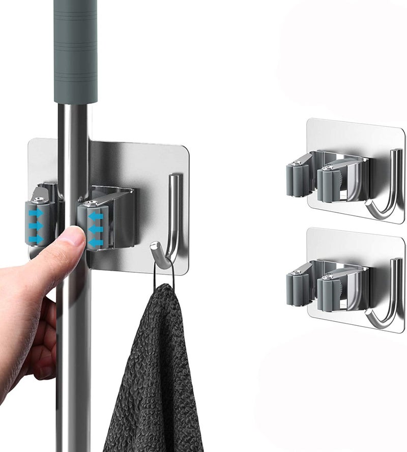 HASTHIP HASTHIP 2 Pcs Broom Holder Wall Mounted Mop Holder for Wall Without Drilling Adhesive Heavy Duty SUS304 Stainless Steel Mop and Broom Holder with Hook For Mops up to 28 CM in Diameter  - Image 1
