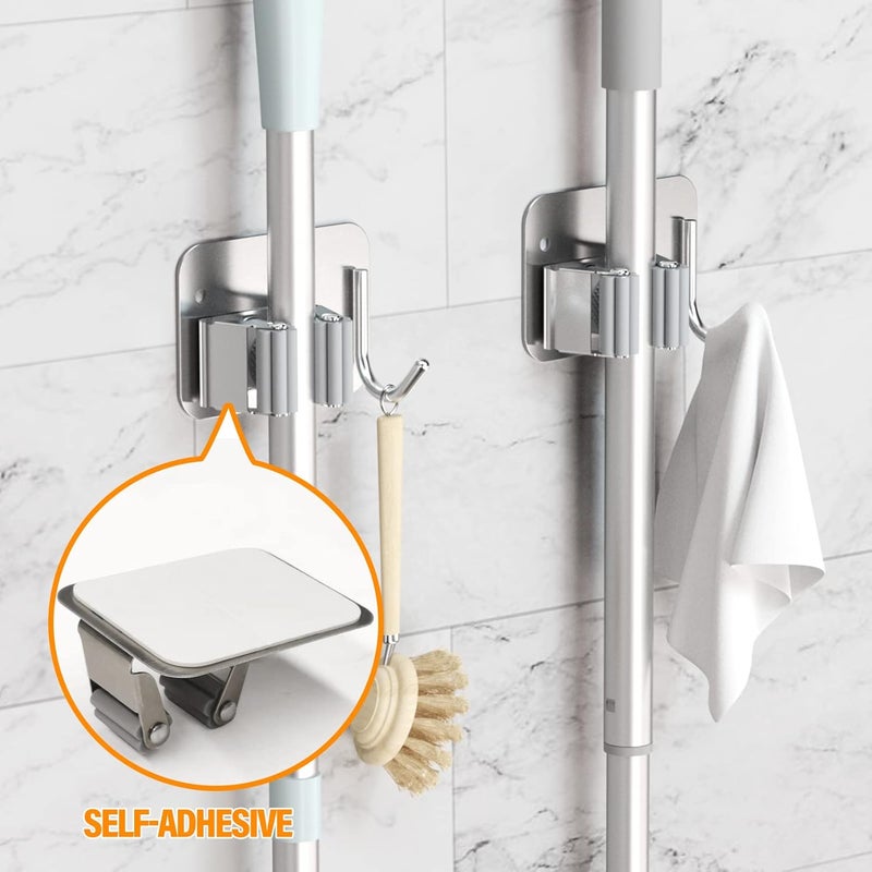 HASTHIP HASTHIP 2 Pcs Broom Holder Wall Mounted Mop Holder for Wall Without Drilling Adhesive Heavy Duty SUS304 Stainless Steel Mop and Broom Holder with Hook For Mops up to 28 CM in Diameter  - Image 2