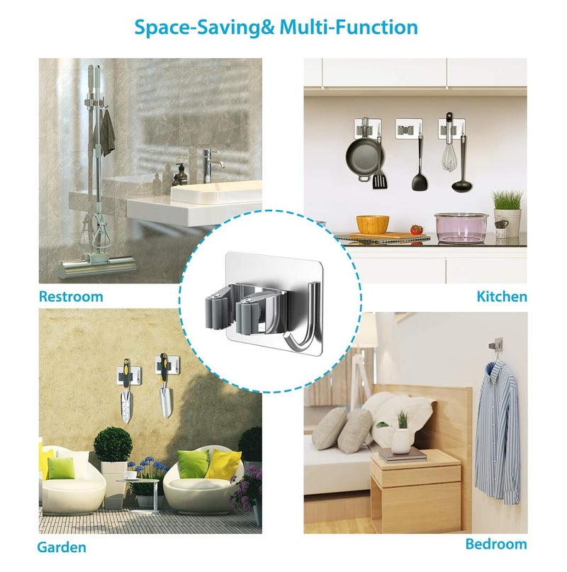 HASTHIP HASTHIP 2 Pcs Broom Holder Wall Mounted Mop Holder for Wall Without Drilling Adhesive Heavy Duty SUS304 Stainless Steel Mop and Broom Holder with Hook For Mops up to 28 CM in Diameter  - Image 5
