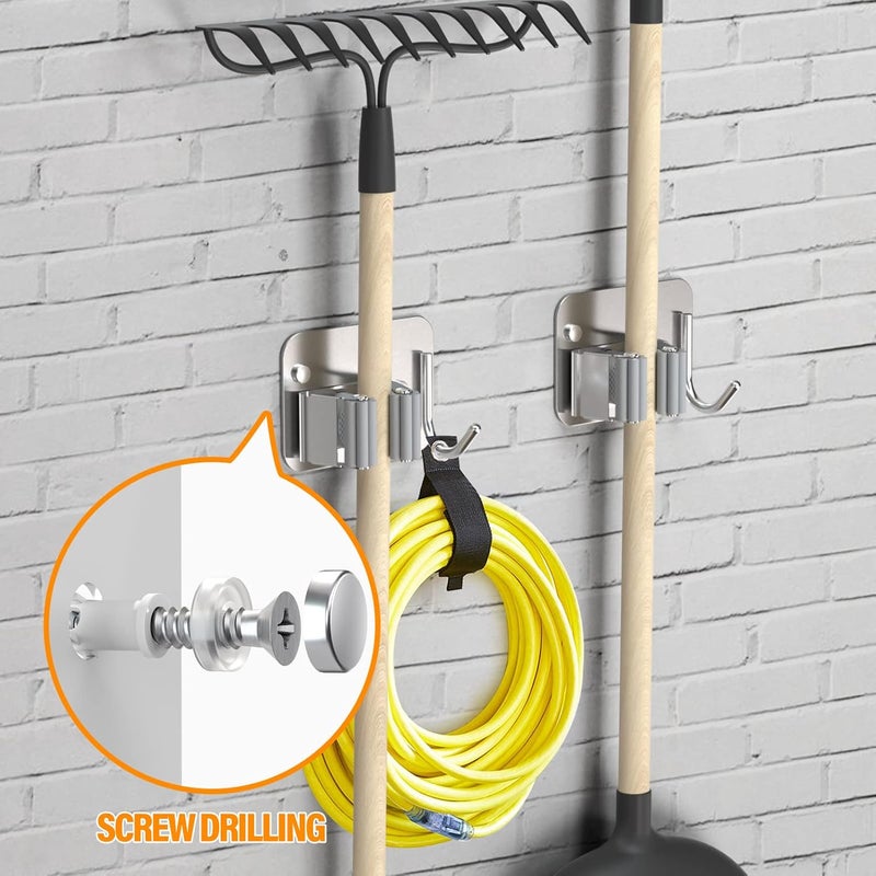 HASTHIP HASTHIP 2 Pcs Broom Holder Wall Mounted Mop Holder for Wall Without Drilling Adhesive Heavy Duty SUS304 Stainless Steel Mop and Broom Holder with Hook For Mops up to 28 CM in Diameter  - Image 3