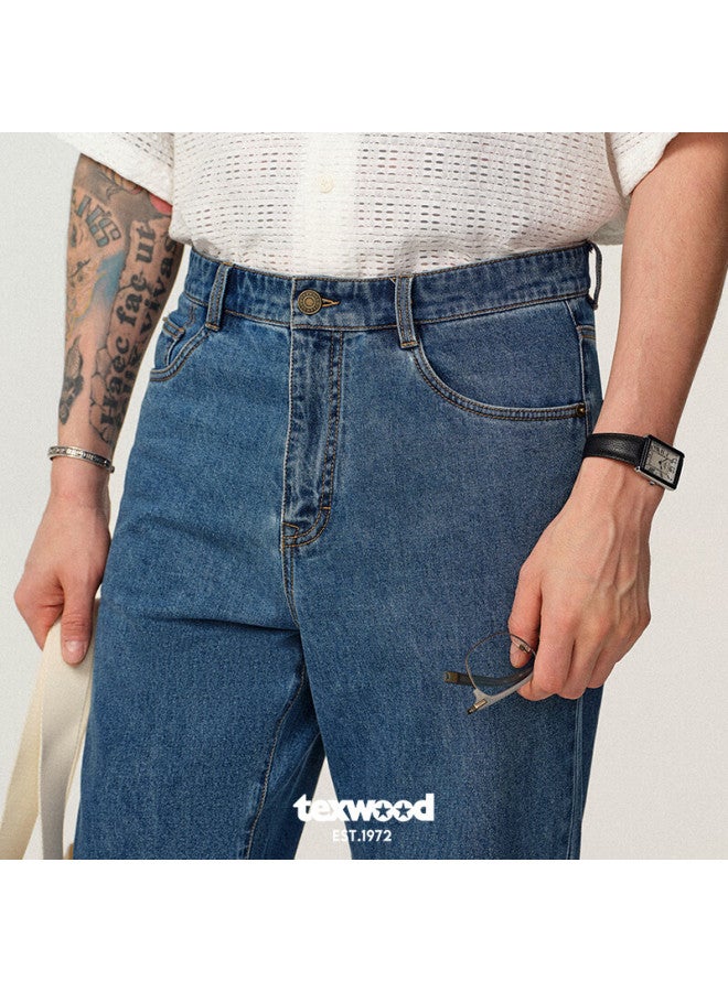 Texwood Pingguo جينز للرجال، بنطال رسمي للمكتب والتنقل، لفصلي الربيع والصيف، بنطال فضفاض مرن قليلاً، أزرق متوسط، المقاس 33 - Image 3