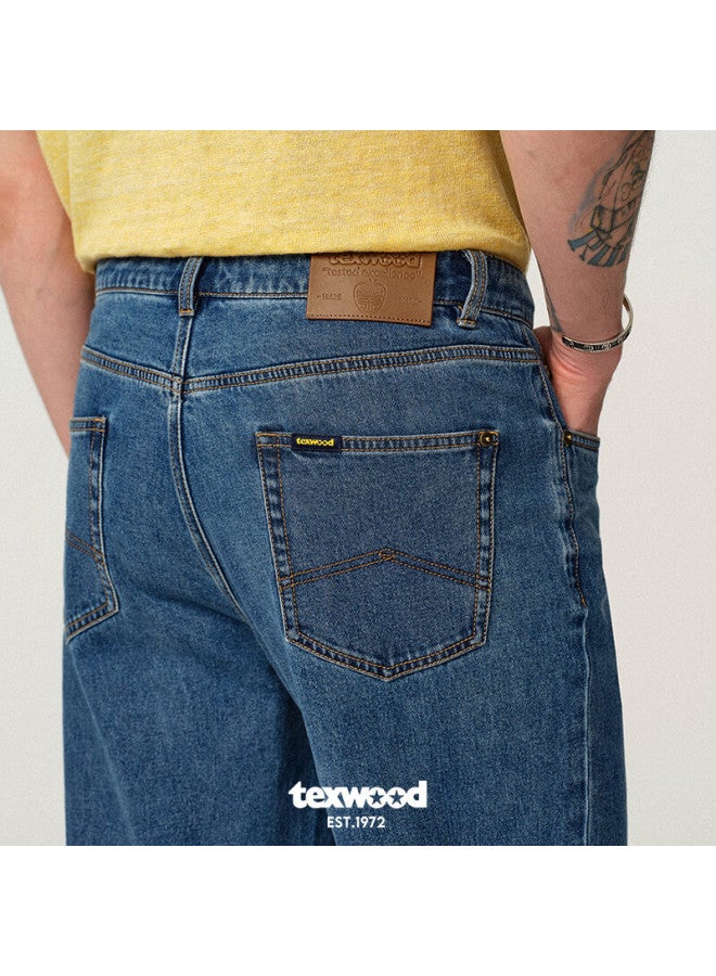 Texwood Pingguo جينز للرجال، بنطال رسمي للمكتب والتنقل، لفصلي الربيع والصيف، بنطال فضفاض مرن قليلاً، أزرق متوسط، المقاس 33 - Image 2