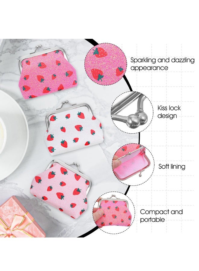 3Pcs Cute Coin Purse Women, Strawberry Pink Double Clasp Small Wallet with Kiss Lock Closure, Vintage Pouch for Cash Keys, Three Colors with Strawberry Pattern for Girls - Image 3