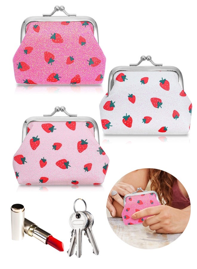 3Pcs Cute Coin Purse Women, Strawberry Pink Double Clasp Small Wallet with Kiss Lock Closure, Vintage Pouch for Cash Keys, Three Colors with Strawberry Pattern for Girls - Image 1