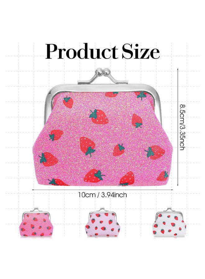 3Pcs Cute Coin Purse Women, Strawberry Pink Double Clasp Small Wallet with Kiss Lock Closure, Vintage Pouch for Cash Keys, Three Colors with Strawberry Pattern for Girls - Image 2