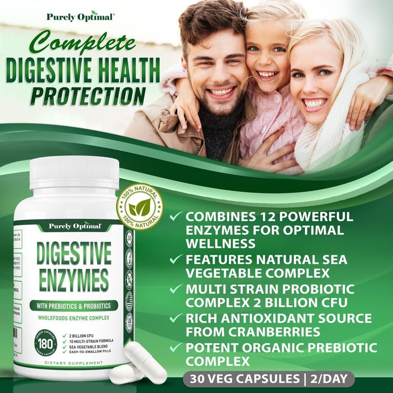 Purely Optimal Digestive Enzyme Supplement  Comprehensive Gut Health Support with 12 Enzymes Probiotics  Prebiotics  Relief for Bloating Gas  Digestive Discomfort  180 Capsules - Image 5