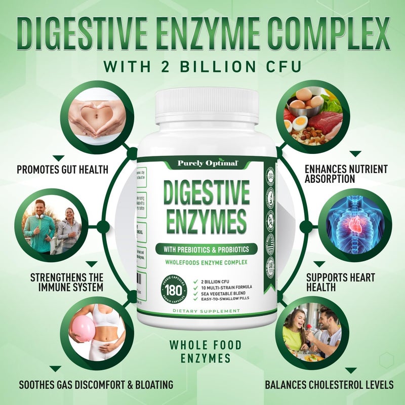 Purely Optimal Digestive Enzyme Supplement  Comprehensive Gut Health Support with 12 Enzymes Probiotics  Prebiotics  Relief for Bloating Gas  Digestive Discomfort  180 Capsules - Image 4