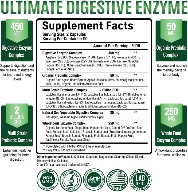 Purely Optimal Digestive Enzyme Supplement  Comprehensive Gut Health Support with 12 Enzymes Probiotics  Prebiotics  Relief for Bloating Gas  Digestive Discomfort  180 Capsules - Image 3