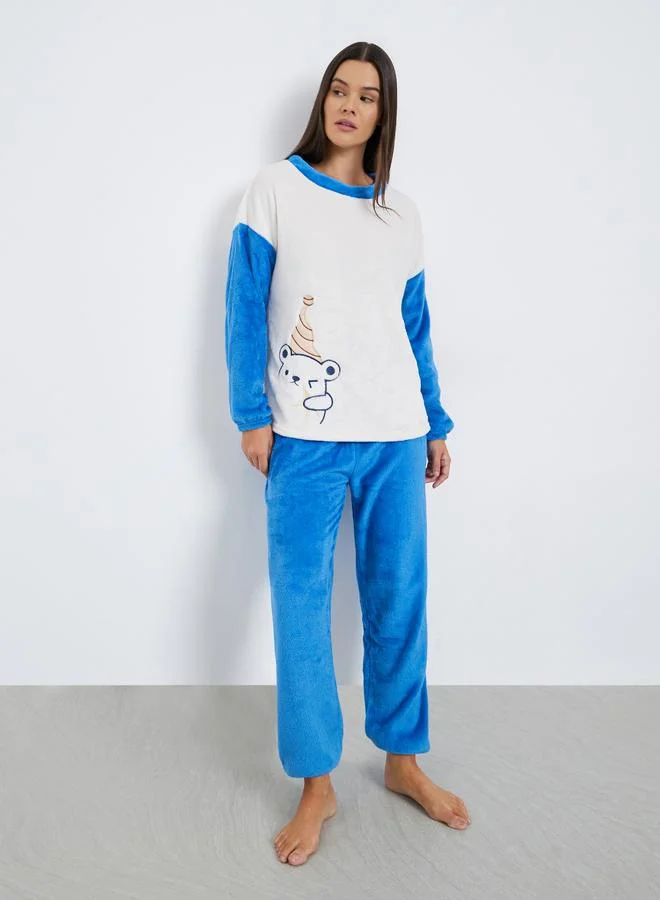 Styli Bear Embroidered Fleece T-Shirt and Pyjama Set