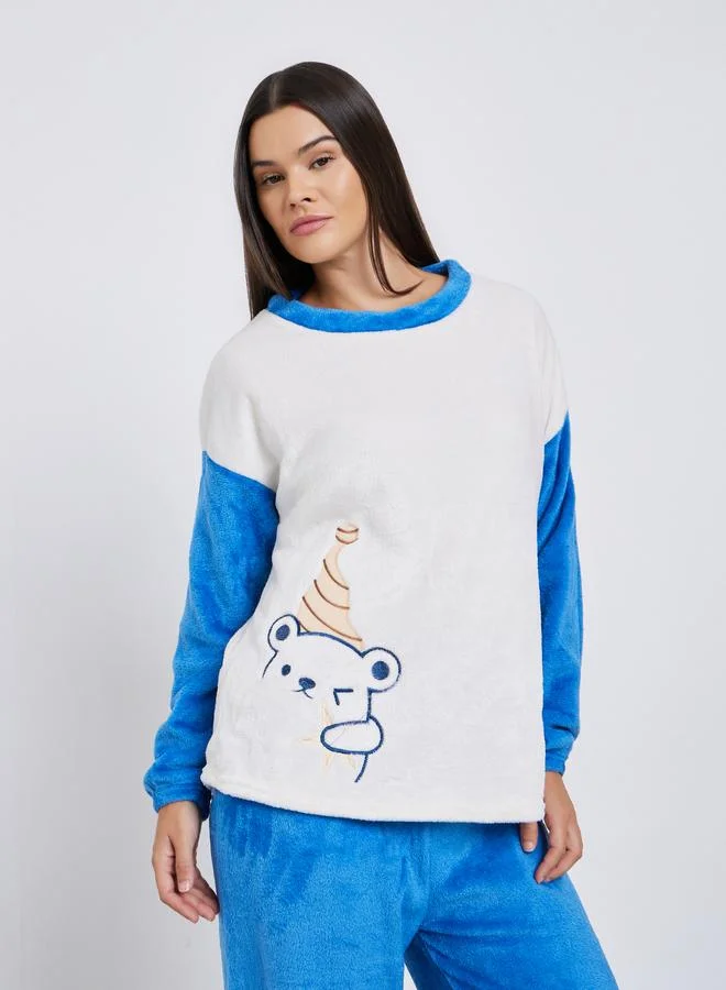 Styli Bear Embroidered Fleece T-Shirt and Pyjama Set