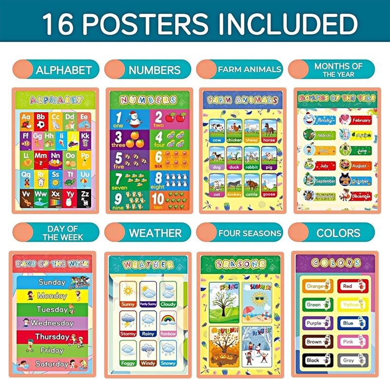 Oonkaf Educational Posters for Toddlers -16 Charts Classroom Decor - Playroom Decor - Daycare Classroom Decorations - Preschool Home School Essentials - ABC Poster - 16" x 11" Kids Posters - Image 2