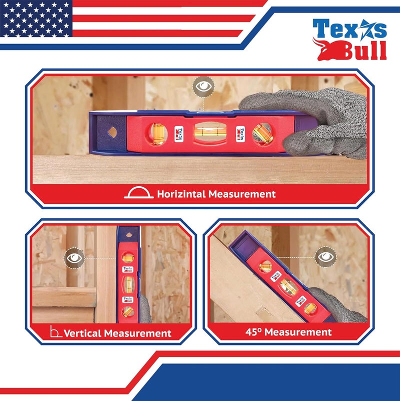 TUQO Texas Bull Magnetic Leveler 9-Inch with spirit leveler – Durable, Accurate, and Compact Leveling Tool for Precision Work. Blue & Red | TX-PTL9 - Image 4