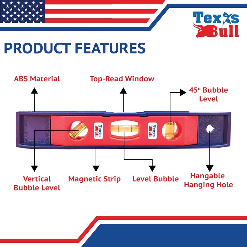 TUQO Texas Bull Magnetic Leveler 9-Inch with spirit leveler – Durable, Accurate, and Compact Leveling Tool for Precision Work. Blue & Red | TX-PTL9 - Image 3