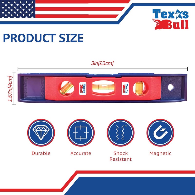 TUQO Texas Bull Magnetic Leveler 9-Inch with spirit leveler – Durable, Accurate, and Compact Leveling Tool for Precision Work. Blue & Red | TX-PTL9 - Image 2