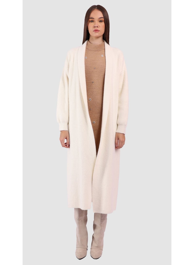 KYVELi Women’s Long Open-Front Knit Cardigan – Off White - Image 2