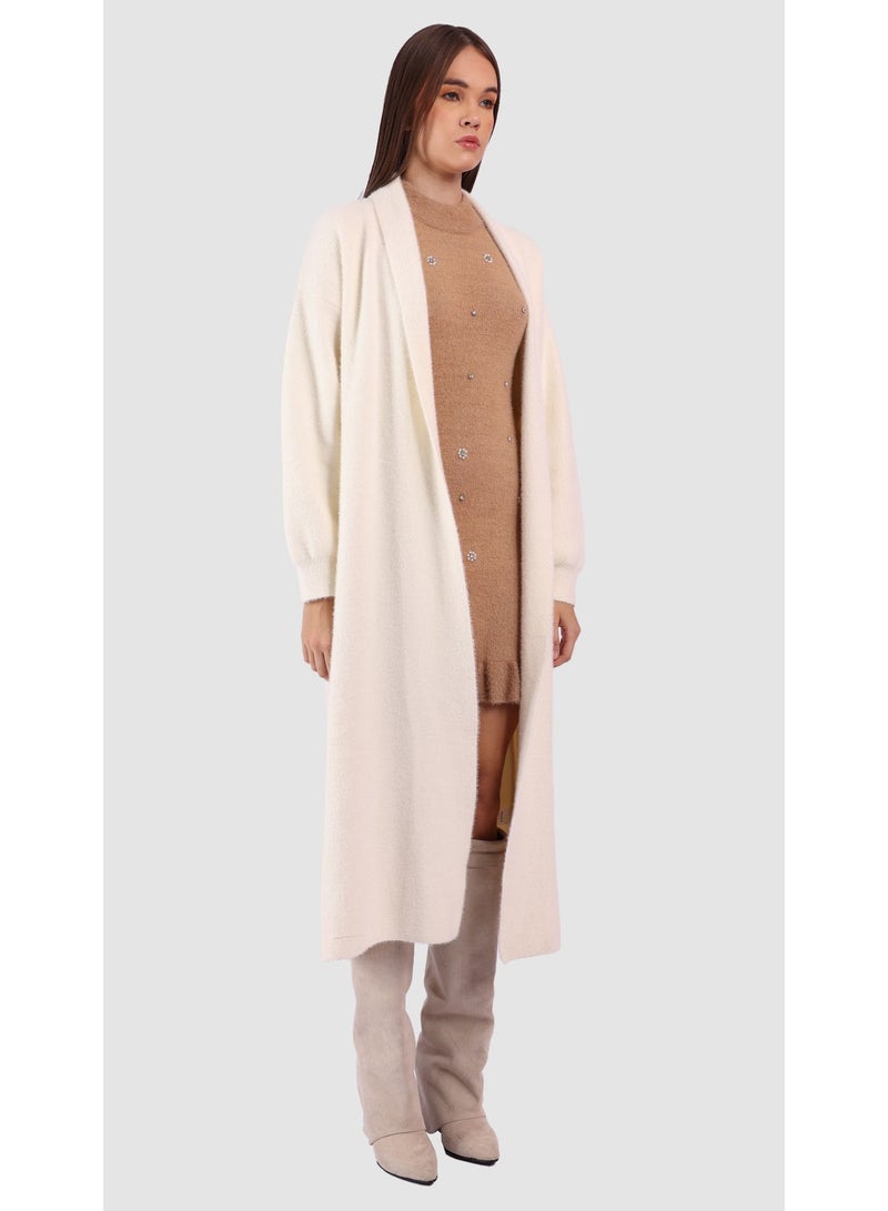KYVELi Women’s Long Open-Front Knit Cardigan – Off White - Image 3
