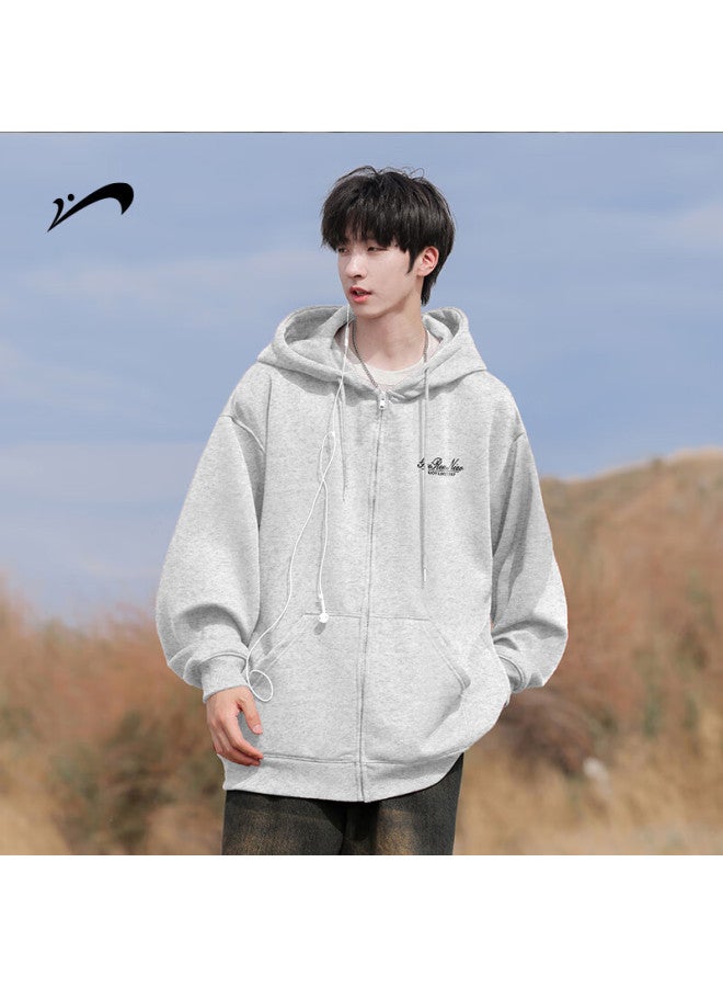 Noble bird Guirenniao Heavyweight Zip-up Hoodie Men Spring Autumn Youth Casual Hooded Jacket Light Gray Regular 2XL - Image 1