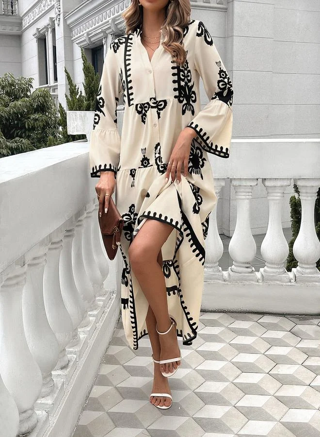 Take Two Allover Printed 3/4 Sleeve Maxi Dress by Styli