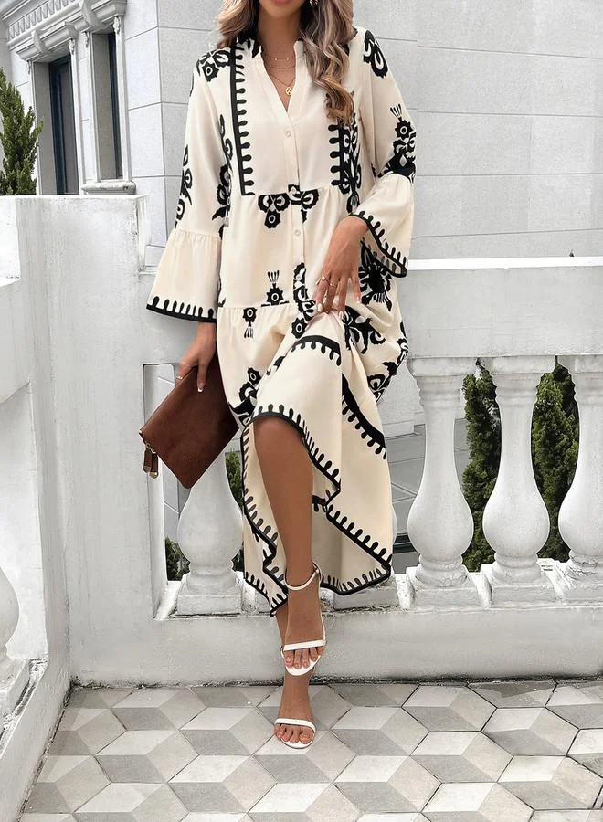 Take Two Allover Printed 3/4 Sleeve Maxi Dress by Styli