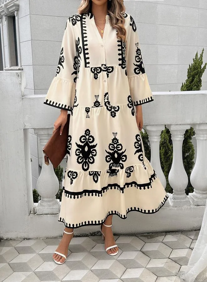 Take Two Allover Printed 3/4 Sleeve Maxi Dress by Styli
