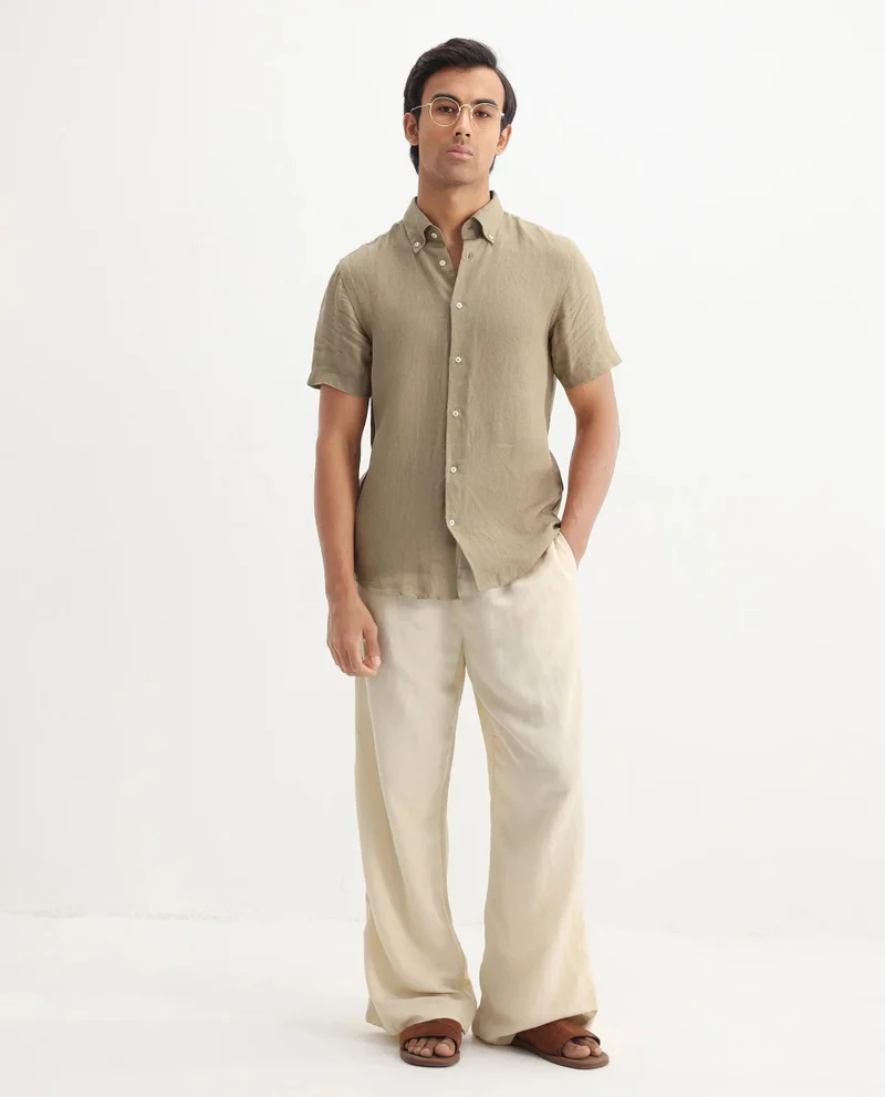 Rare Rabbit Men's Linen Regular Fit Plain Shirt