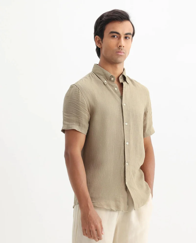 Rare Rabbit Men's Linen Regular Fit Plain Shirt