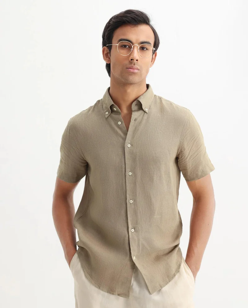 Rare Rabbit Men's Linen Regular Fit Plain Shirt