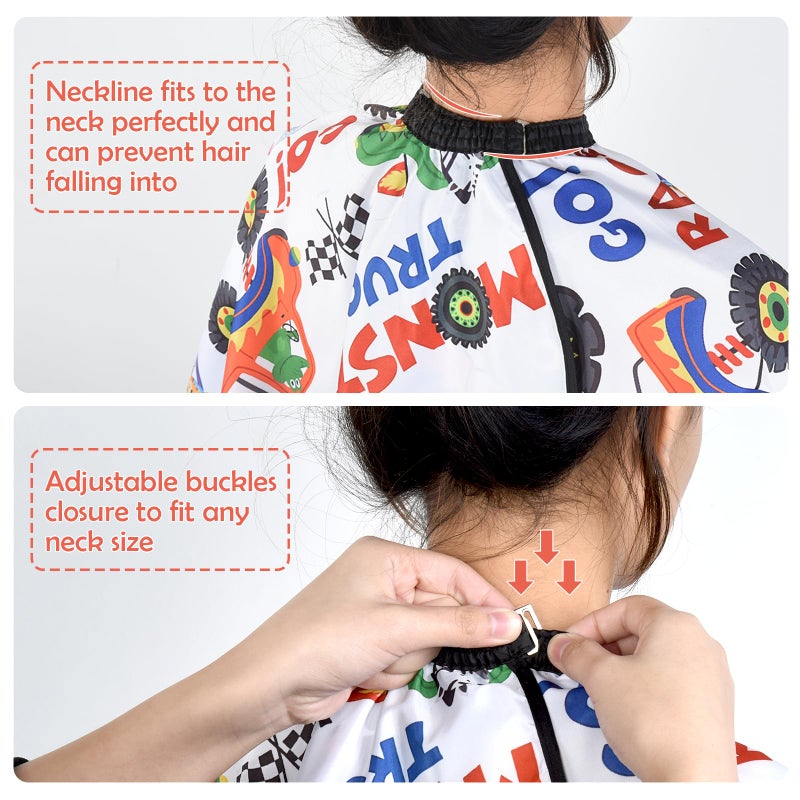 FaHaner Kids Haircut Cape Waterproof Kids Barber Capes with Adjustable Neckline Unisex Kids Hair Cutting Cape Cover Barber Apron for Hairdresser and Stylist 51 x 36 Inch (Cartoon Truck) - Image 2