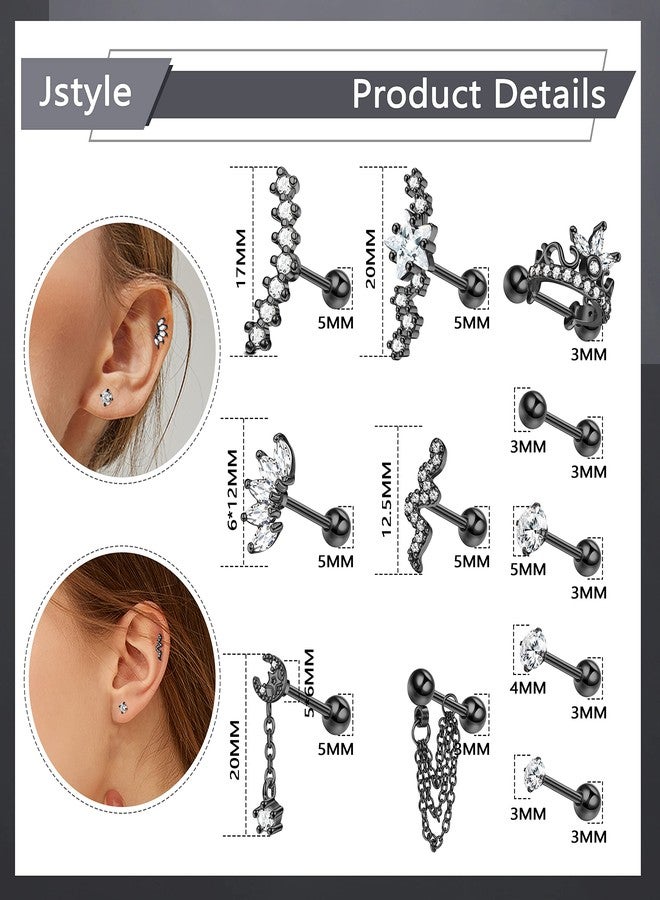 Jstyle 16 Gauge Cartilage Earrings for Women Hypoallergenic Surgical Stainless Steel Earring Sets for Multiple Piercing Daith Conch Tragus Helix Piercing Jewelry Black - Image 2