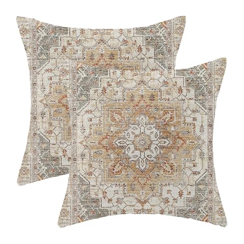 DAFENA Boho Pillow Covers 18x18 Inch 2 Pcs Vintage Burnt Orange Grey Beige Carpet Pattern Ethnic Decor Throw Pillows Retro Outdoor Farmhouse Decoration Pillowcase Linen Cushion Cover for Couch Sofa - Image 1