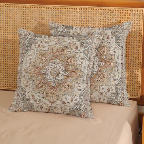 DAFENA Boho Pillow Covers 18x18 Inch 2 Pcs Vintage Burnt Orange Grey Beige Carpet Pattern Ethnic Decor Throw Pillows Retro Outdoor Farmhouse Decoration Pillowcase Linen Cushion Cover for Couch Sofa - Image 3