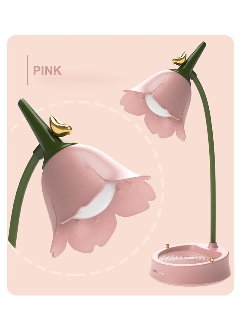 Hihonor LED Desk Lamp Cordless Table Light Adjustable Gooseneck Dimmable Touch Rechargeable Battery Eye-Caring Night Light for Kids,Mini Cute Lamp for College Dorm Bedroom Reading (Pink) - Image 1