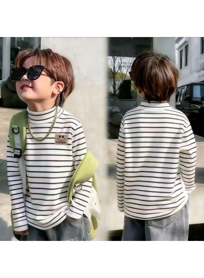 Children's Velvet Bottoming Shirt Half Turtleneck Long-sleeved T-shirt Autumn And Winter Simple Stripesd Top Velvet Thermal Shirt For Boys And Girls