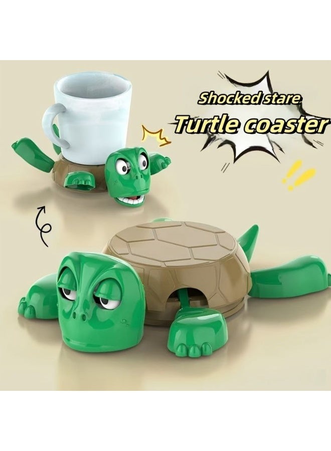 Shocked Stare Turtle Coaster Set, Funny 2-in-1 Cup Holder and Heat Insulated Mats, Creative Office & Home Desk Decor with 5 Removable Coasters - Green - Image 2