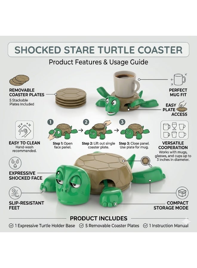 Shocked Stare Turtle Coaster Set, Funny 2-in-1 Cup Holder and Heat Insulated Mats, Creative Office & Home Desk Decor with 5 Removable Coasters - Green - Image 4
