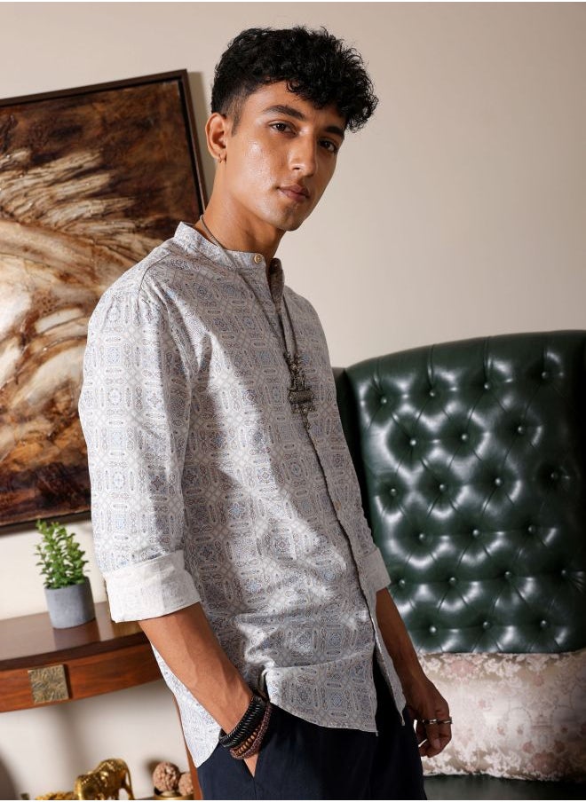 The Indian Garage Co Men Slim Fit Indie Printed Full Sleeves Mandarin Collar Resort Wear Shirt  - Image 3