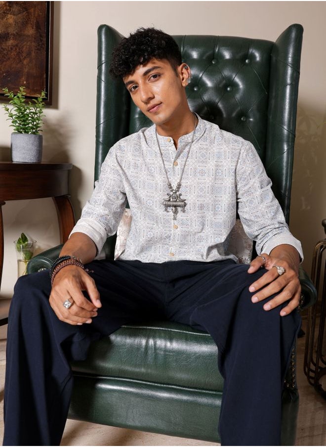 The Indian Garage Co Men Slim Fit Indie Printed Full Sleeves Mandarin Collar Resort Wear Shirt  - Image 1