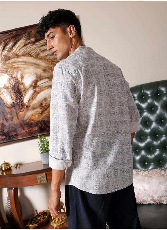 The Indian Garage Co Men Slim Fit Indie Printed Full Sleeves Mandarin Collar Resort Wear Shirt  - Image 2