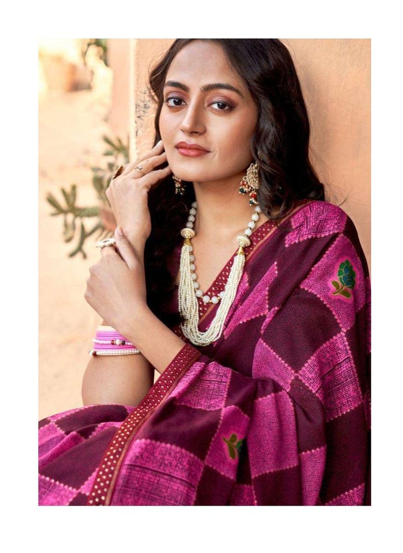 Grab Mantra - Georgette Pink And Wine Beautiful Printed Saree With Unstitched Blouse - Image 1