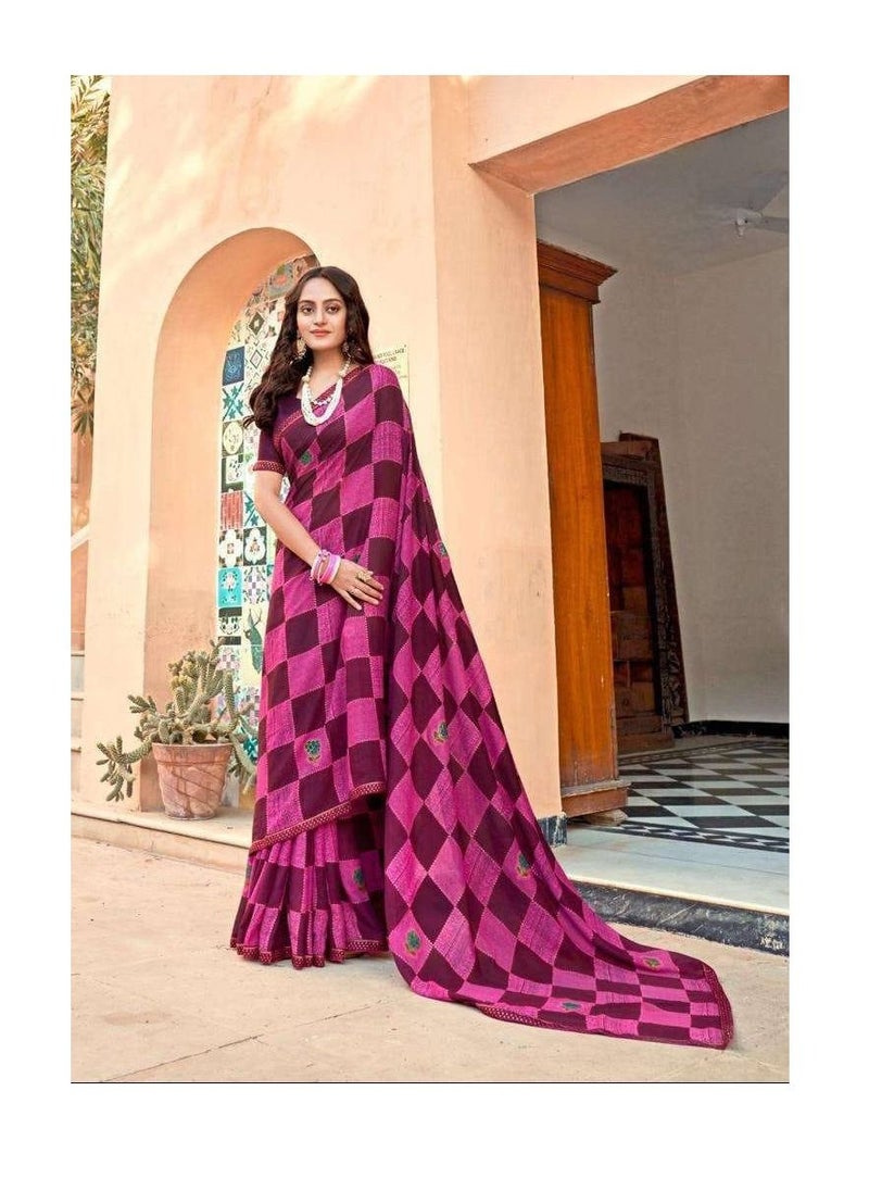 Grab Mantra - Georgette Pink And Wine Beautiful Printed Saree With Unstitched Blouse - Image 1