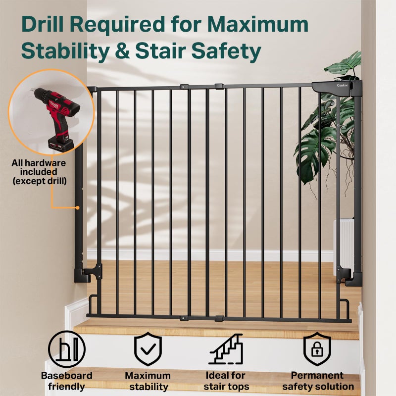 Cumbor 34" Extra Tall No Bottom Bar Baby Gate for Stairs, Wall Mounted Dog Gate Indoor for Larger Pets, Expandable 29.2-43" Safety Gate for Doorways, Wide Walk Thru Door for Easy Access (Black) - Image 4