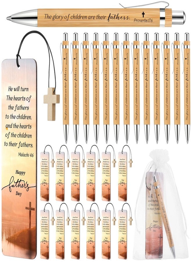 Spakon 25 Sets Father's Day Christian Gift with Bible Verse Bamboo Pen Religious Bookmarks Wooden Scripture Bookmarks with Organza Bags Christian Gifts for Dad Pastor Church Group Favor - Image 1