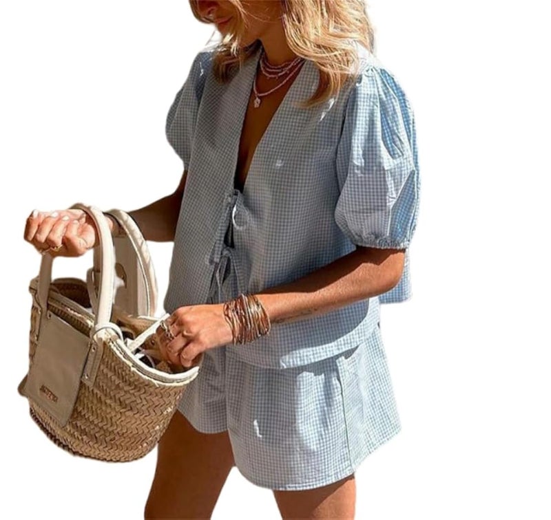 Yuemengxuan Women Y2k Peplum Shirt Shorts Set Two Piece Lounge Set Pajamas Sets Puff Sleeve Tie Front Top 2pcs Pj Outfits (Light Blue #rhyu, S) - Image 1