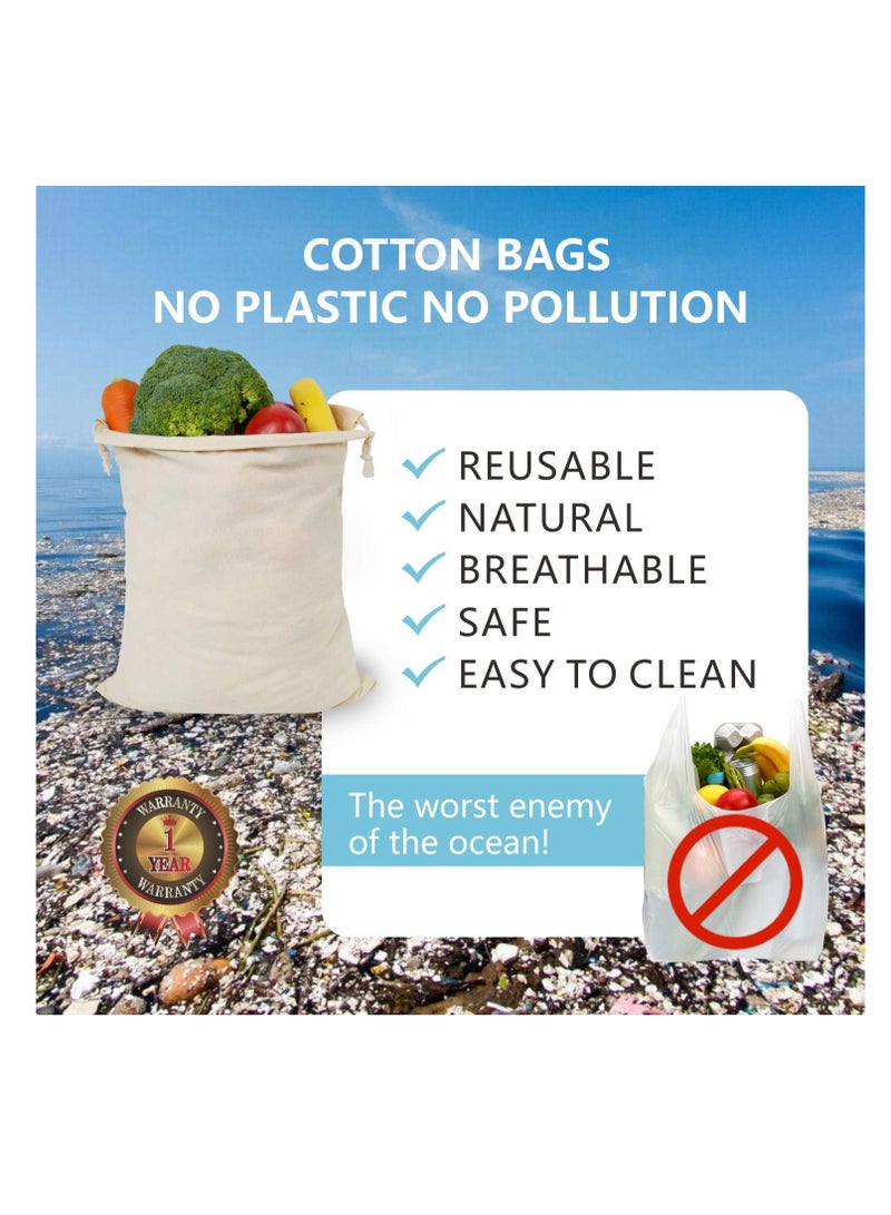 Set of 12 Reusable Cotton Produce Bags 17x23cm Washable Biodegradable Drawstring Bags for Fruits Vegetables Shopping and Storage Food Safe - Image 5