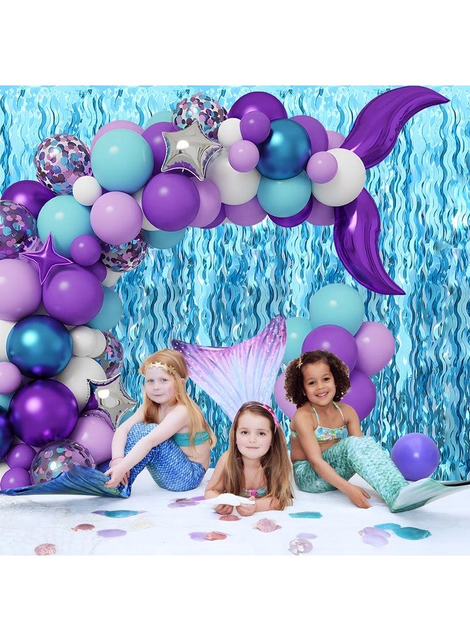 بودي كول ستائر مموجة بهرج فويل من 3 قطع خلفية زرقاء مخضرة لعيد ميلاد حورية البحر تحت البحر وحفلات عيد ميلاد القرش الصغير (3.2 قدم × 6.6 قدم) - Image 4