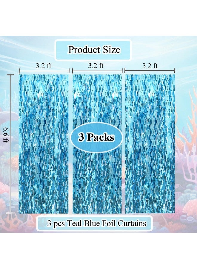 بودي كول ستائر مموجة بهرج فويل من 3 قطع خلفية زرقاء مخضرة لعيد ميلاد حورية البحر تحت البحر وحفلات عيد ميلاد القرش الصغير (3.2 قدم × 6.6 قدم) - Image 2