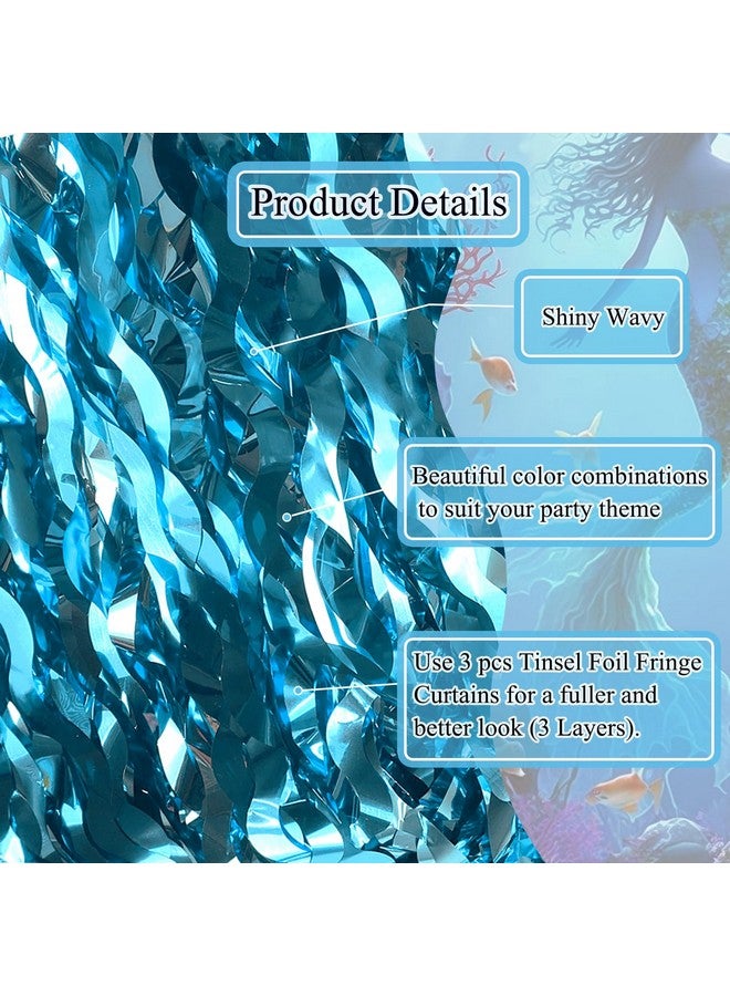 بودي كول ستائر مموجة بهرج فويل من 3 قطع خلفية زرقاء مخضرة لعيد ميلاد حورية البحر تحت البحر وحفلات عيد ميلاد القرش الصغير (3.2 قدم × 6.6 قدم) - Image 3
