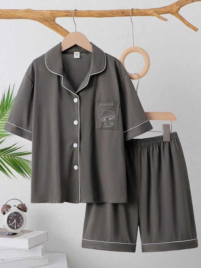 Take Two Boys Grey Buttoned Shirt And Shorts Pyjama Set